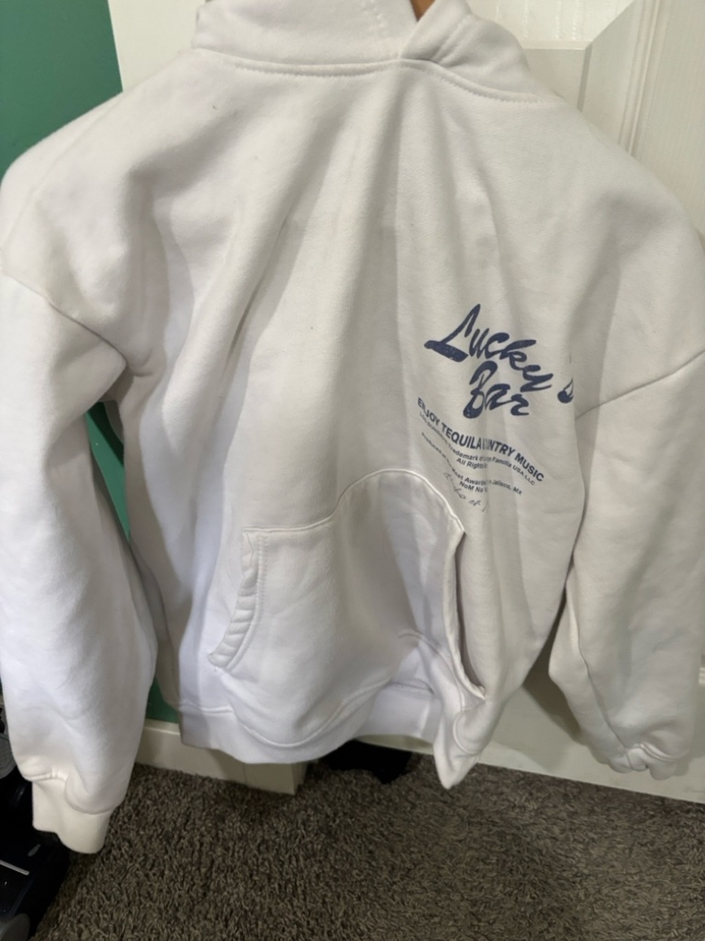 White 'Lucky Bar' Graphic Hoodie with Blue Print size small in men's